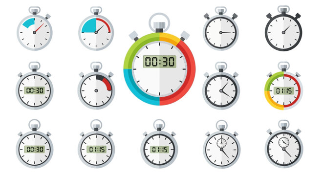 Collection of Stopwatch Icons, Time Measurement Tools, Countdown Timer and Clock Faces