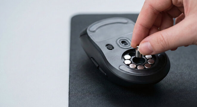 Person adjusting weights on cybersport game console mouse