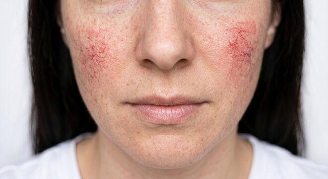 Close-up of a woman's face with rosacea, showing red, inflamed skin on her cheeks and nose