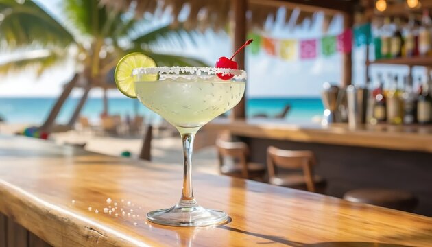 Refreshing Margarita Cocktail with Lime and Cherry at a Tropical Beach Bar