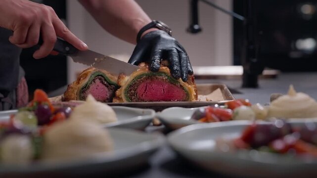A perfectly cooked Beef Wellington is sliced and prepared for a private dinner (slow motion 4K).
