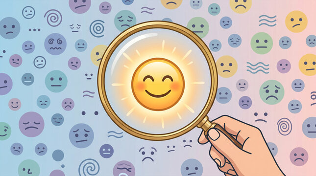 Happy sun shines through magnifying glass amidst sad faces.
