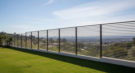 Fototapeta premium Modern horizontal metal slat fence with a scenic valley view and green lawn