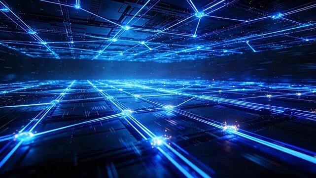 Digital network structure with blue glowing nodes and connecting lines