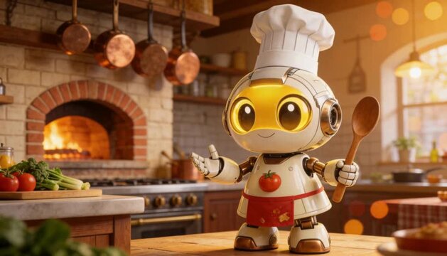 Cute Robot Chef Wearing Toque and Holding Wooden Spoon in Kitchen