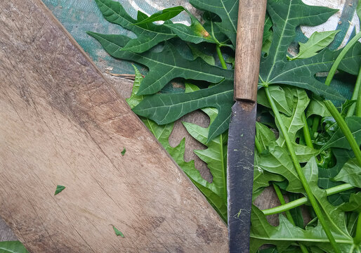 chaya leaves with a knife and a wooden cutting board for slicing