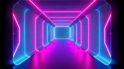 Fototapeta premium Neon tunnel extends into darkness. Vibrant pink, blue lights create futuristic perspective. Mesh walls reflect glowing illumination.