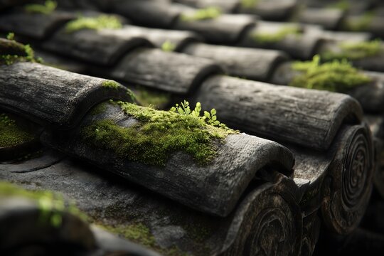 Traditional clay roof tiles architectural detail, zen texture
