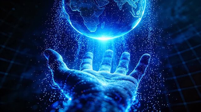 Transparent hand holding glowing digital earth globe over grid