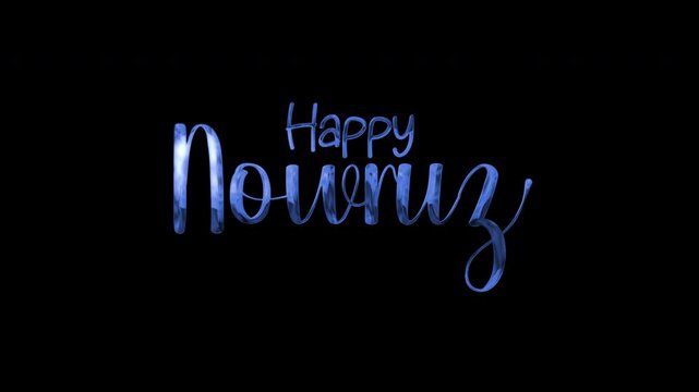 Happy nowruz text in blue on black background. Festive greeting card design for celebrating persian new year. Perfect for cultural events.