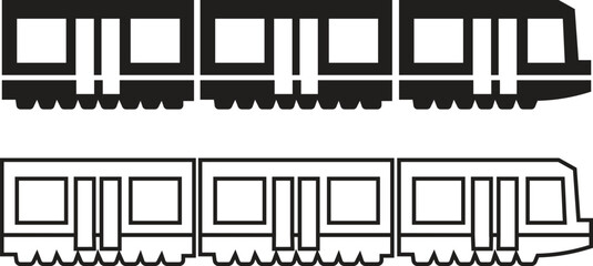 Train icon set in flat, outline style. Freight cargo wagons, passenger railcars and locomotive transport symbols. Minimal railway illustration collection for logistics, travel and infographic designs. © Mr 360 graphic