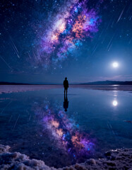 Fototapeta premium silhouette of a man standing on a flat lake from which the Milky Way reflects