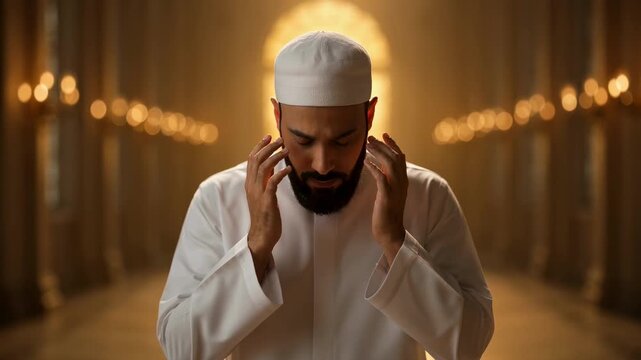 Devout Muslim man wearing white traditional kufi cap and thobe praying with hands raised to face in serene mosque interior with golden ambient lighting.