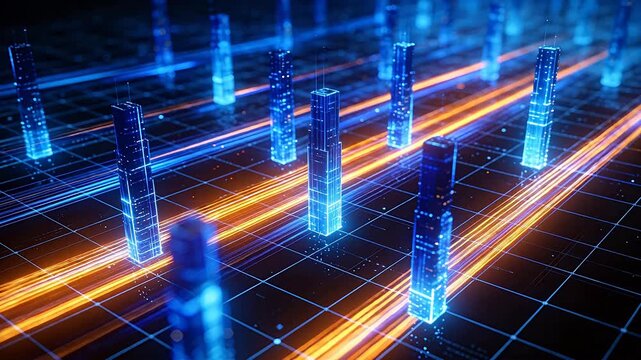 Futuristic digital city with transparent skyscrapers and grid ground under blue sky