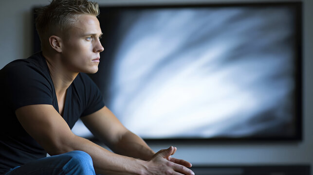 Young caucasian man wearing plain casual clothing sitting alone indoor showing pensive emotional expression watching blank television screen