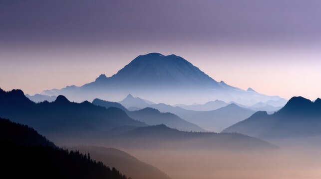 Misty mountain layers at dawn, a serene and majestic natural landscape
