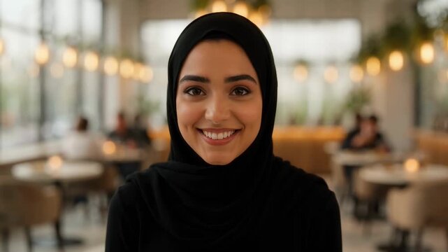 Portrait of a smiling young woman wearing a black hijab in a contemporary dining space with warm lighting and blurred background diners.