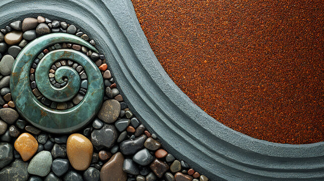 Pounamu Koru Stone on Pebble Background