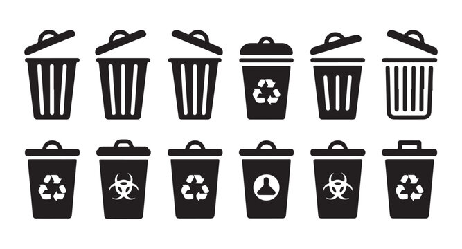 Set of various black garbage cans, waste bins, and trash cans with recycling and biohazard symbols.