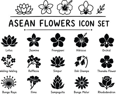 ASEAN Flowers Icon Set Minimal Hand Drawn Solid Black Botanical Floral Collection