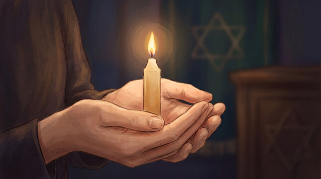 Hands holding candle with Jewish star in background