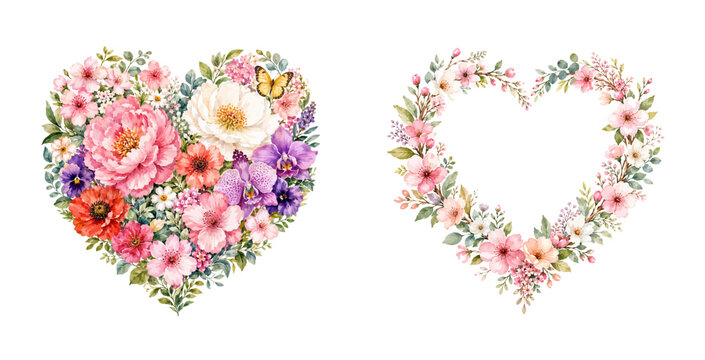 A charming watercolor set of floral heart designs featuring colorful blossoms lush green leaves and a delicate butterfly illustrated in a natural botanical style.