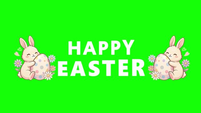 Animated easter bunnies and eggs on green background with happy easter text