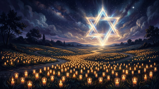 Illuminated Star of David over candle-lit field at night