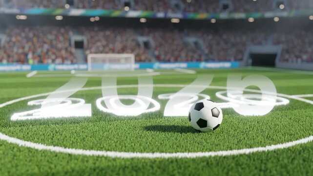 Soccer ball on green field with illuminated year number at stadium