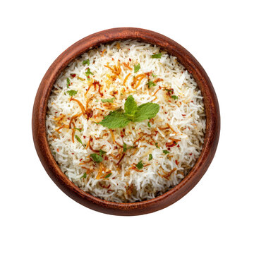 bowl of indian vegetable pulao rice with herbs isolated on transparent background