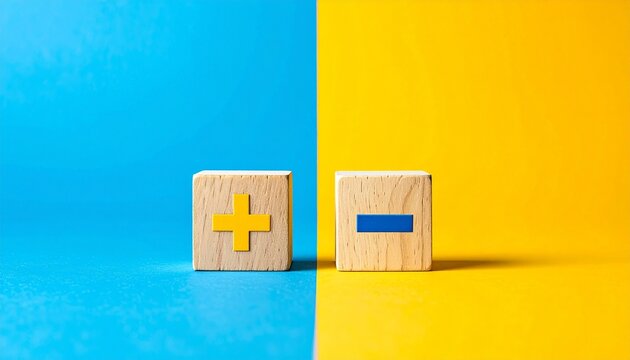 Wooden blocks with plus and minus signs on split background