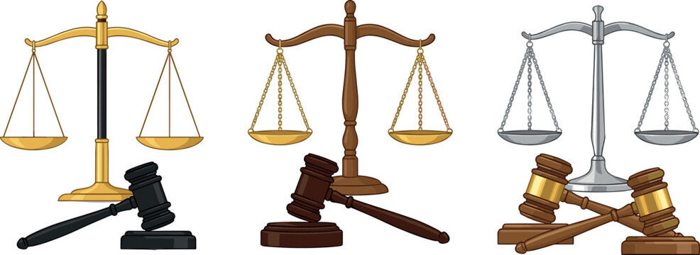 Justice scale and gavel collection with legal law symbols vector illustration.