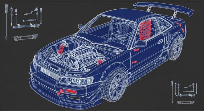Detailed Blueprint of a Sports Car Engine and Chassis.