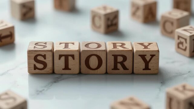 Wooden Letters Spelling Story Arranged on White Marble Surface for Narrative Concept