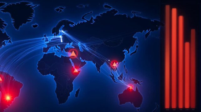 Global network connections highlight key locations and display a descending bar graph