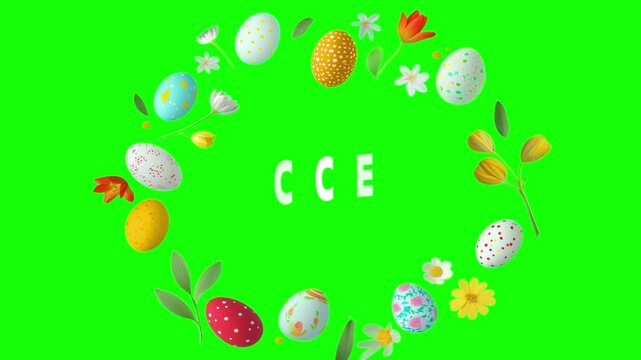 Easter eggs and flowers on green background with success and cce text
