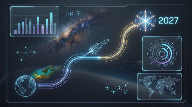 Futuristic space mission data visualization for 2027.
