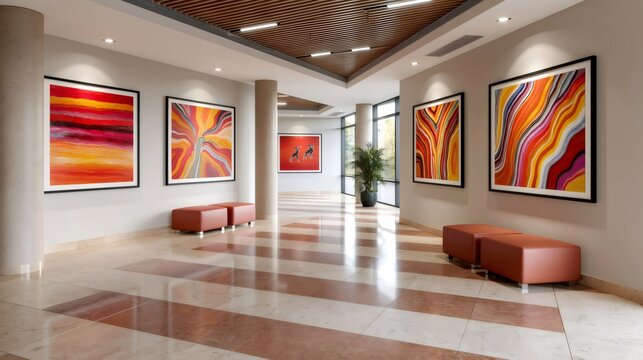 Modern art gallery hallway displaying abstract paintings
