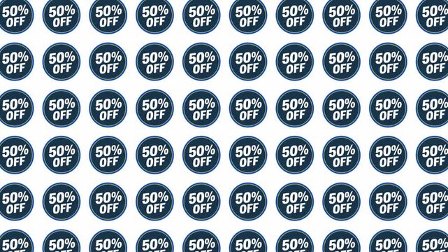 Blue circular 50 percent off stickers pattern, retail sale and clearance discount offer for online shopping.