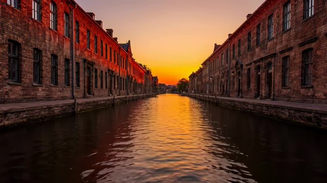 Historic brick buildings flank a calm canal reflecting a vibrant sunset