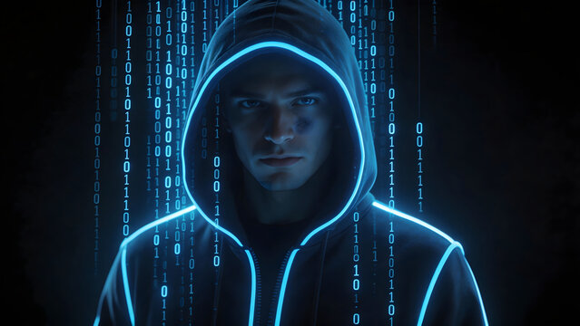 Hooded figure with glowing binary code