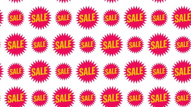 Pink starburst sale tags animation, flashy promotional icons for retail business and special offers.