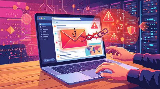 Cybersecurity threat, phishing email on laptop in data center.