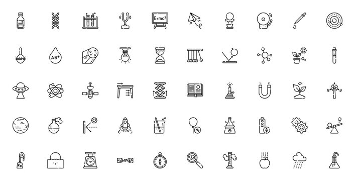 Science Fair icon set. Minimal vector pack. Includes symbols for drug, DNA, test tube, lab, experiment, atom, rocket, planet, gravity, magnet, solar system, science book, research and more.