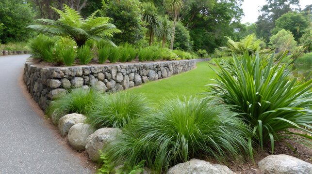Curved gabion wall along winding garden path