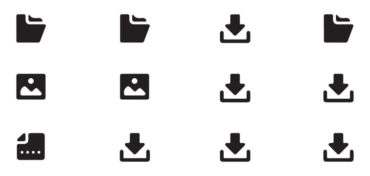 Simple folder and download arrow icons collection for file saving and image gallery preview systems.