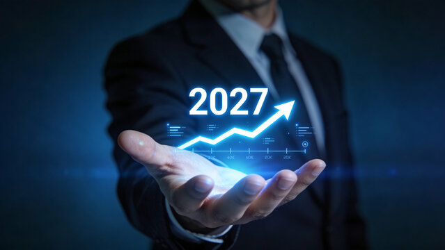 Business growth concept 2027 with rising arrow graph, financial success, future investment strategy and economic forecast