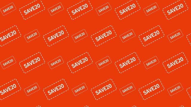 Red save 20 percent discount coupons pattern, promotional price tags and money saving shopping concept.