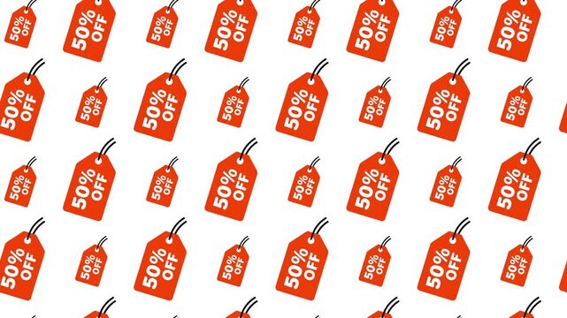 Red 50 percent off price hanging tags, retail sale and seasonal discount labels for fashion and lifestyle.