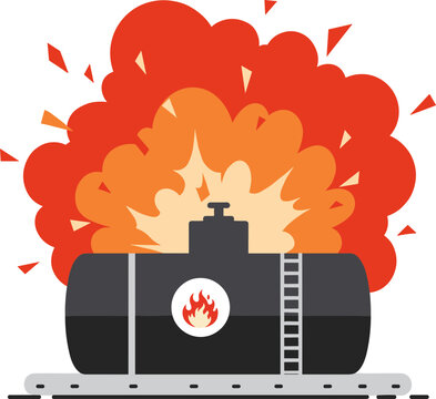 Illustration of an exploding industrial gas tank with bright flames and fiery smoke, depicting a dangerous situation in a factory or refinery setting, emphasizing the hazard of flammable